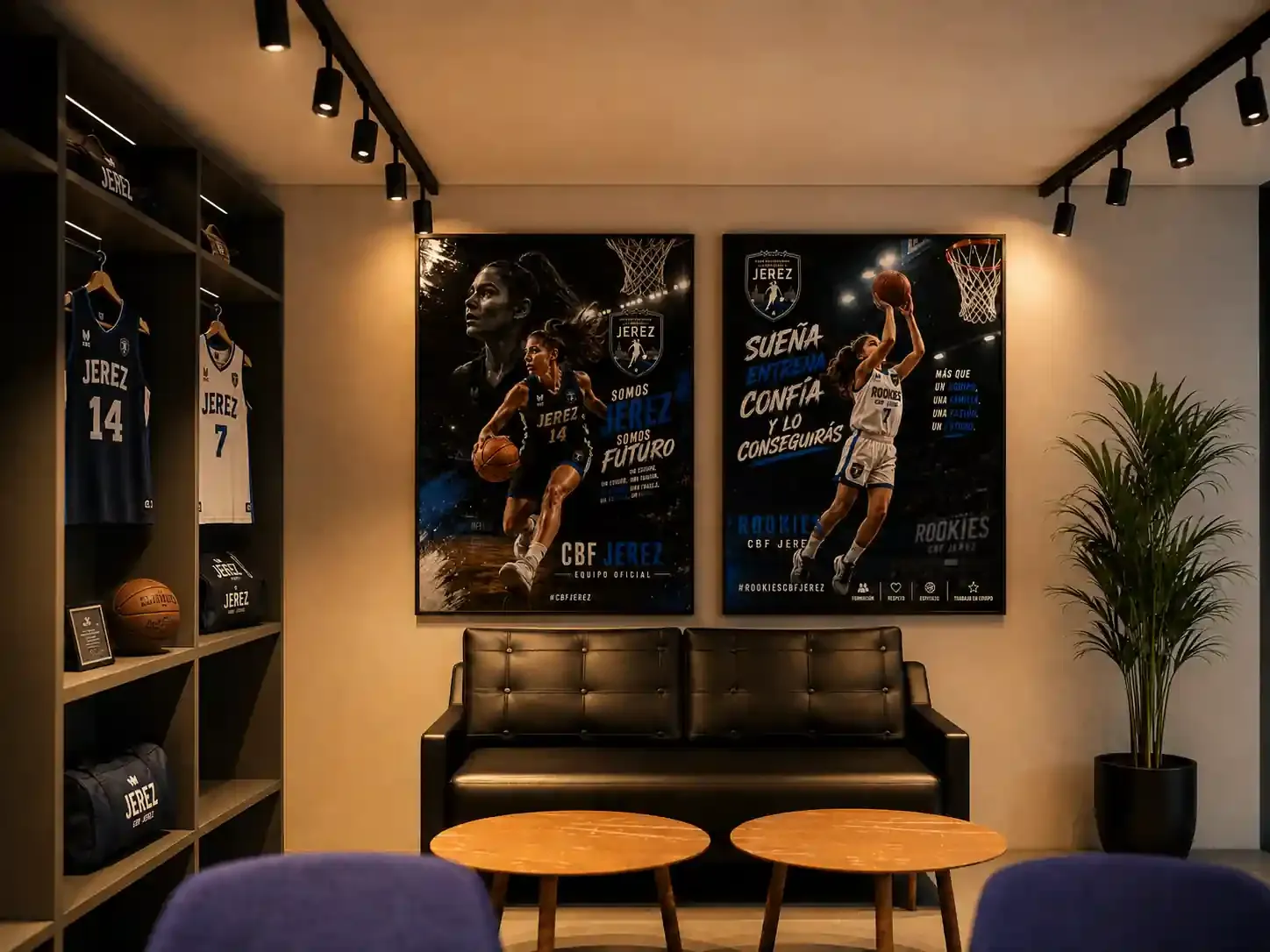 Render de la zona de pósteres del proyecto de interiorismo del Xerez Club Deportivo Baloncesto