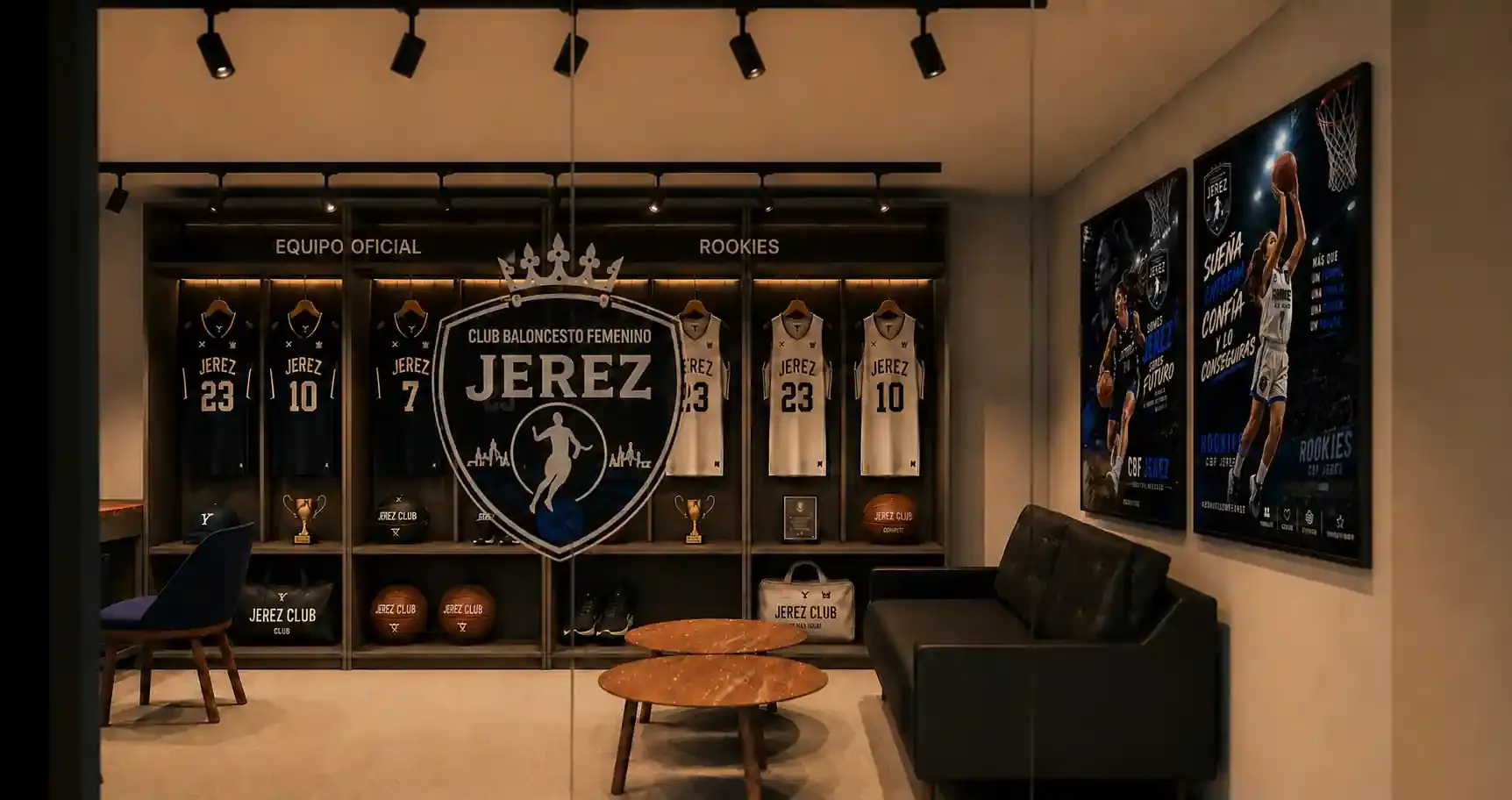 Render del mobiliario expositivo en las oficinas del Xerez Club Deportivo Baloncesto