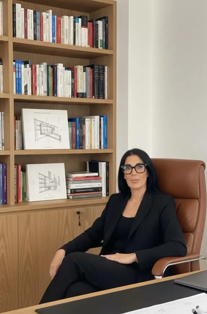 May decoradora de espacios comerciales sentada en la silla de su despacho de interiorismo para espacios comerciales