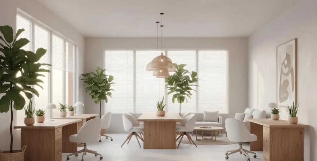Oficina con diseño de interiores minimalista natural