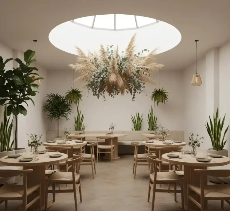 Proyecto de interiorismo minimalista natural para un restaurante realizado por nuestra decoradora de espacios comerciales