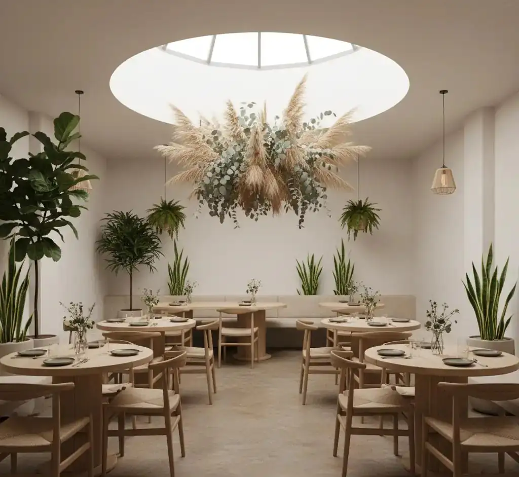 Proyecto de interiorismo minimalista natural para un restaurante realizado por nuestra decoradora de espacios comerciales